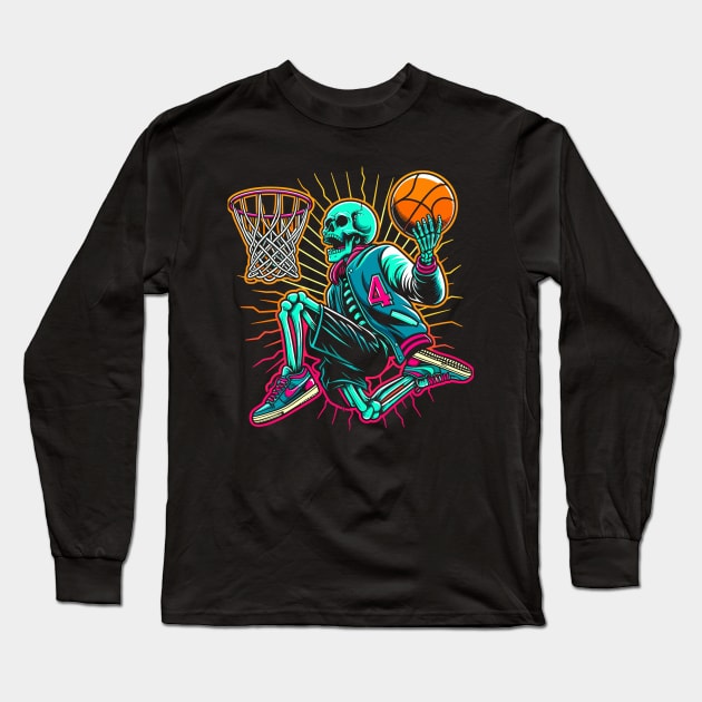 Swoosh!  College Ballin' Skeleton Slams Dunk - Neon Hoops Champion Tee Long Sleeve T-Shirt by Thewondercabinet28